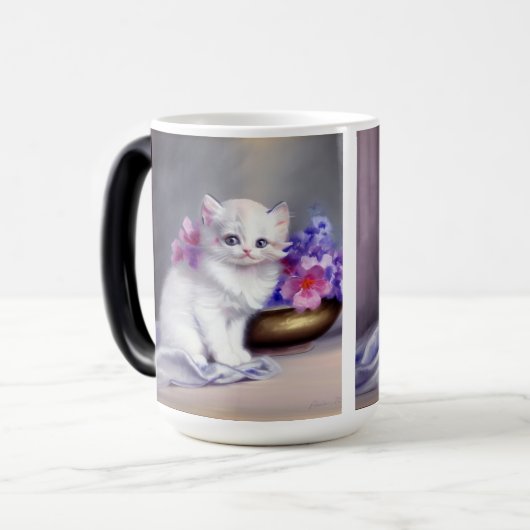 Witte Keuten met Roze en Paars Bloemen Magische Mok (Voorkant links)