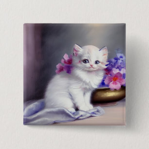 Witte Keuten met Roze en Paars Bloemen Vierkante Button 5,1 Cm