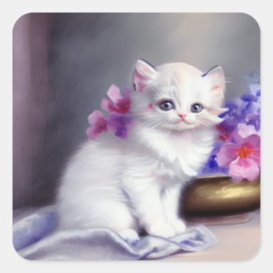  Witte Keuten met Roze en Paars Bloemen Vierkante Sticker