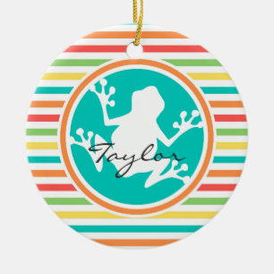 Witte kikker; heldere regenboogstrepen keramisch ornament