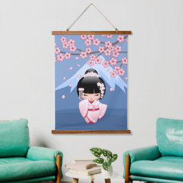 Witte Kimono Kokeshi-pop - Schattig Geisha-meisje Hangend Wandkleed
