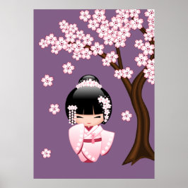Witte Kimono Kokeshi-pop - Schattig Geisha-meisje Poster