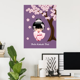 Witte Kimono Kokeshi-pop - Schattig Geisha-meisje Poster