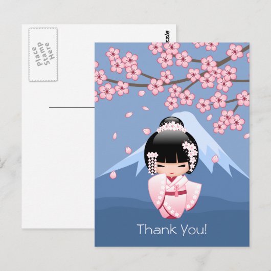 Witte Kimono Kokeshi-pop - Schattige Geisha Bedank Briefkaart (Voorkant / Achterkant)