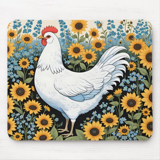 Witte Kip en Zonnebloemen Muismat (Voorkant)
