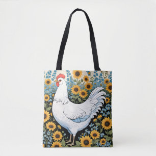 Witte kip en zonnebloemen tote bag