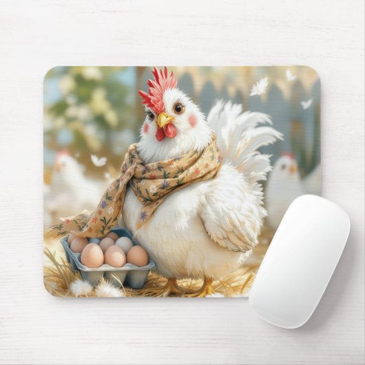 Witte kip met eieren in een doos muismat (Met muis)