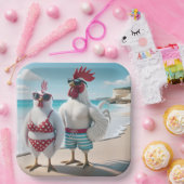 Witte kippen die badpakken dragen papieren bordje (Feest)