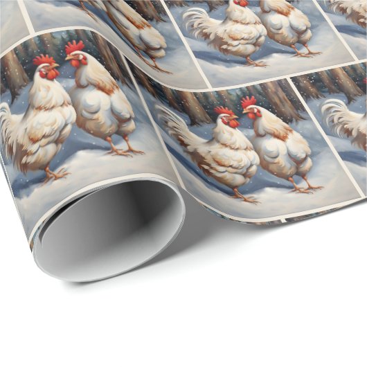 Witte kippen in sneeuw cadeaupapier (Rol Hoek)
