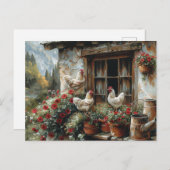 Witte kippen op vensterbank rode bloemen klei pot briefkaart (Voorkant / Achterkant)