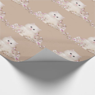 Witte kitten en linten cadeaupapier