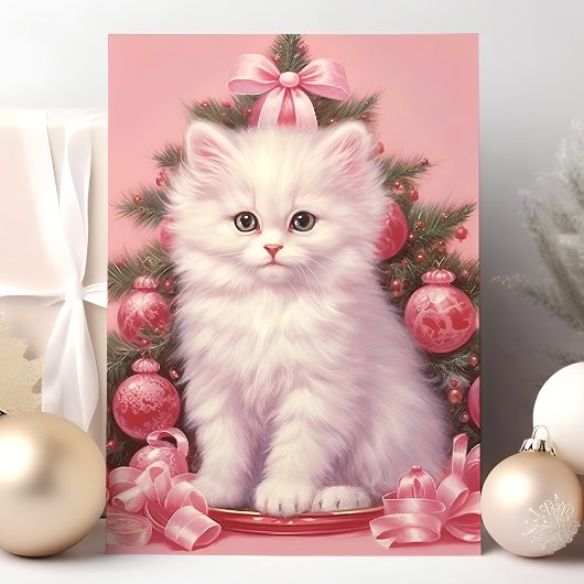 Witte Kitten en Roze Kerstboom Vakantie Kaart