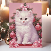 Witte Kitten en Roze Kerstboom Vakantie Kaart
