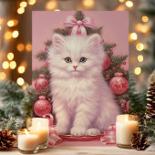 Witte Kitten en Roze Kerstboom Vakantie Kaart