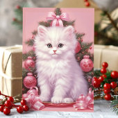 Witte Kitten en Roze Kerstboom Vakantie Kaart