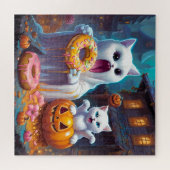 Witte kitten en spook eten Halloween Donuts Legpuzzel (Horizontaal)