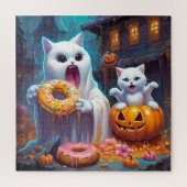 Witte kitten en spook eten Halloween Donuts Legpuzzel (Verticaal)