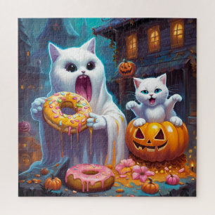 Witte kitten en spook eten Halloween Donuts Legpuzzel