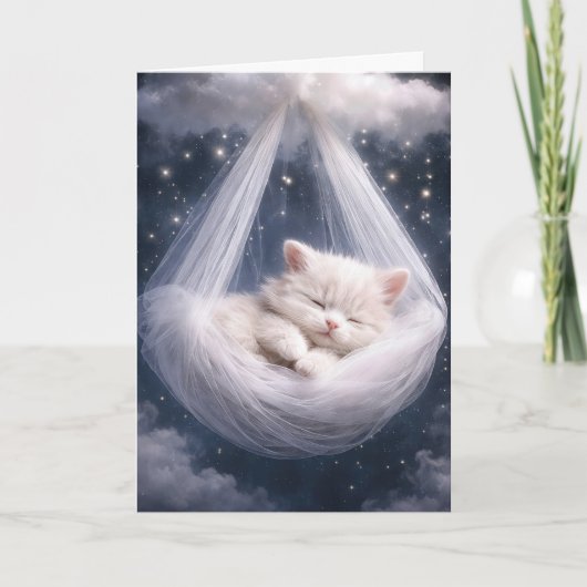 Witte Kitten Hangend aan Tule Hangmat en Wolk Kaart (Voorkant)