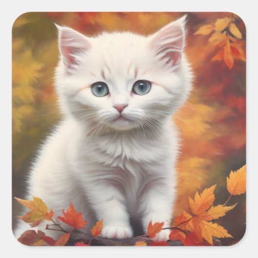 Witte kitten herfst bladeren portret vierkante sticker (Voorkant)
