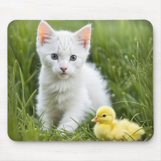 Witte kitten met eendje muismat (Voorkant)