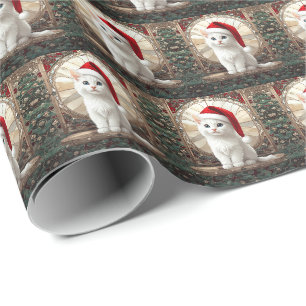 Witte Kitten met Kerstman Hoed Cadeaupapier