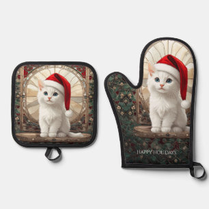 Witte Kitten met Kerstman Hoed Ovenwant & Pannenlap Set