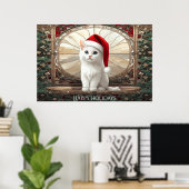 Witte Kitten met Kerstman Hoed Poster (Thuiskantoor)