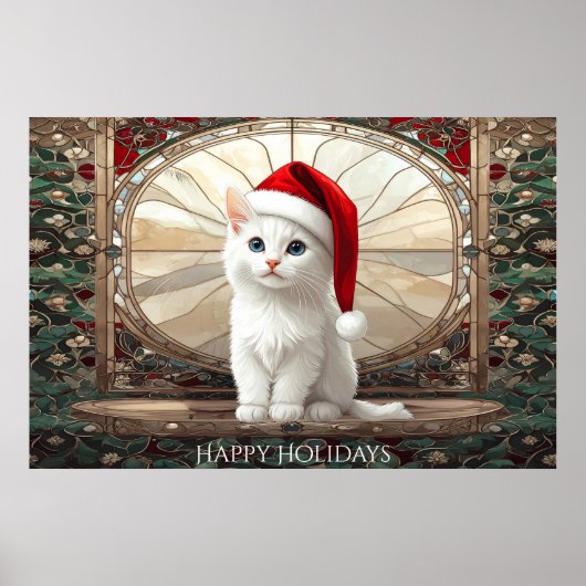 Witte Kitten met Kerstman Hoed Poster (Voorkant)