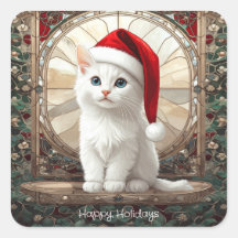 Witte Kitten met Kerstman Hoed Stickers