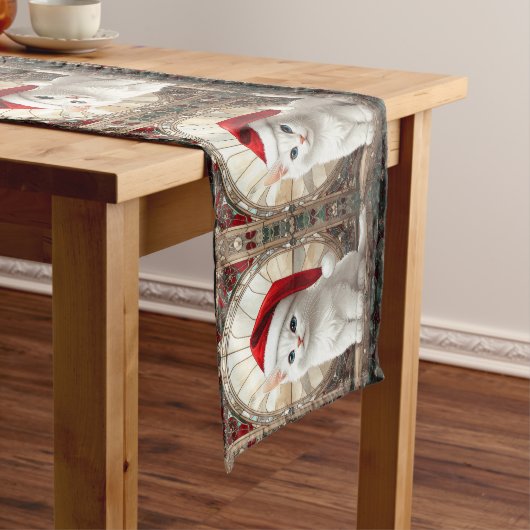 Witte Kitten met Kerstman Hoed Tafel Runner Medium Tafelloper (Voorbeeld)