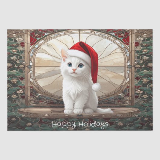 Witte Kitten met Kerstman Hoed Tissuepapier (Voorkant)