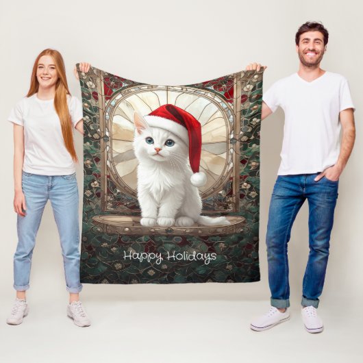 Witte Kitten met Kerstmuts Fleece Deken (In situ)