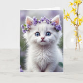Witte kitten met Lila laurier Kaart (Gele Bloem)