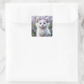 Witte kitten met Lila laurier Vierkante Sticker (Tas)