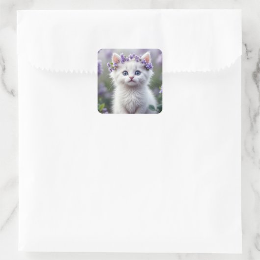 Witte kitten met Lila laurier Vierkante Sticker (Tas)