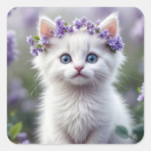 Witte kitten met Lila laurier Vierkante Sticker