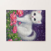 Witte kitten omringd door bloemen legpuzzel (Horizontaal)