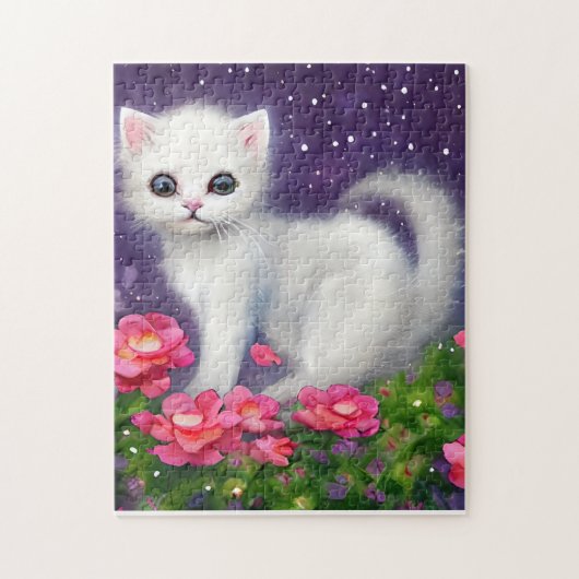 Witte kitten omringd door bloemen legpuzzel (Verticaal)