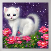 Witte kitten omringd door bloemen poster (Voorkant)