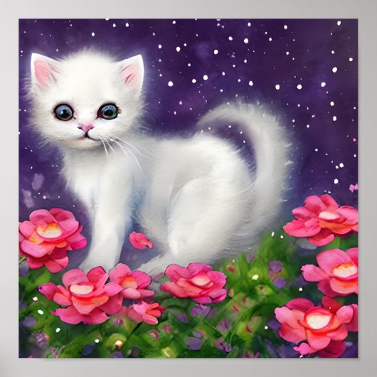 Witte kitten omringd door bloemen poster (Voorkant)