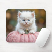 Witte kitten op roze pompoen muismat (Met muis)