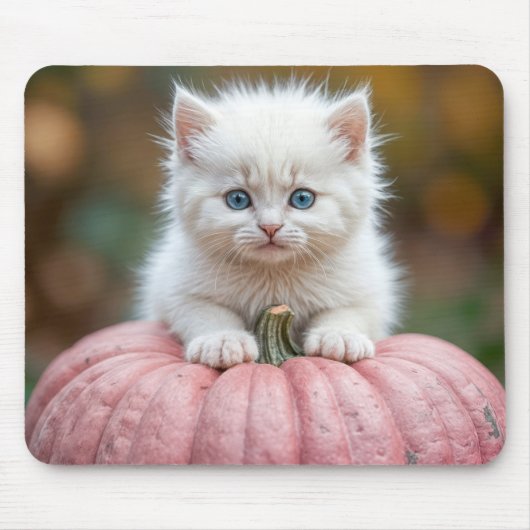 Witte kitten op roze pompoen muismat (Voorkant)