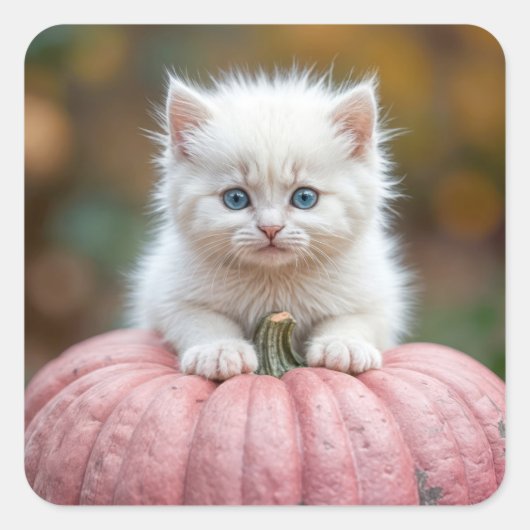 Witte kitten op roze pompoen vierkante sticker (Voorkant)