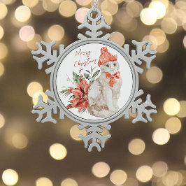 Witte Kitten Rode Poinsettia Vrolijk Kerstfeest Tin Sneeuwvlok Ornament