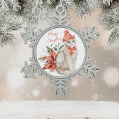Witte Kitten Rode Poinsettia Vrolijk Kerstfeest Tin Sneeuwvlok Ornament