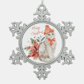Witte Kitten Rode Poinsettia Vrolijk Kerstfeest Tin Sneeuwvlok Ornament (Voorkant)
