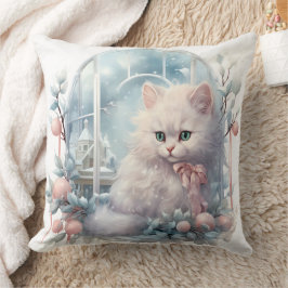 Witte kitten roze boog en ballen kussen