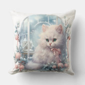 Witte kitten roze boog en ballen kussen (Voorkant)