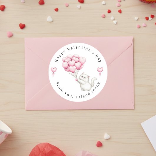 Witte Kitten Roze Harten Ballonnen Valentijnsdag Ronde Sticker